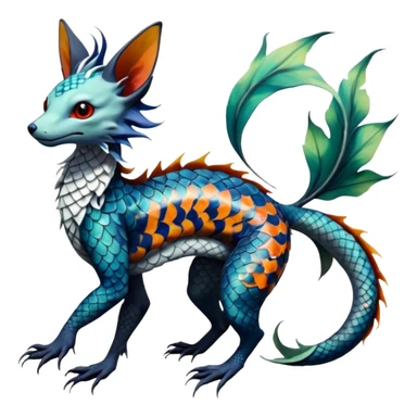 Edgy badass swimmy wet painted intricate ornate Japanese Asian koi-Sergal-Lykoi-Linoone-Electrike-Leafeon-fusion-hybrid-animal-Fakémon-creature, full body, thin long sleek scaly tail, intricate markings sticker