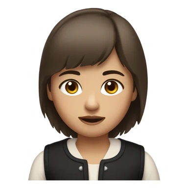 a girl with short brown hair in a wolfcut and little bangs. has brown eyes and is wearing a black vest. and had a neutral expression sticker