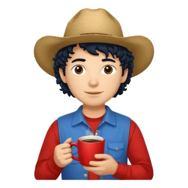 Ranch hand with blue hat and coffee mug, curly black hair, red shirrt sticker