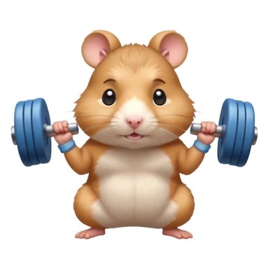 Cute cartoon-style hamster standing upright, wearing a tiny sweatband, lifting oversized dumbbells with determined expression. Soft painterly shading, expressive eyes, white background, sticker-style illustration sticker