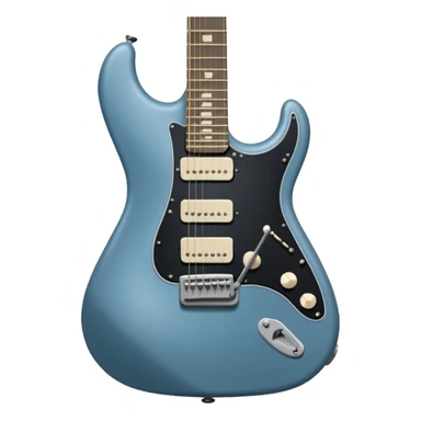 A gray-blue electric guitar with a black pick guard and only one volume knob, make the head tan sticker