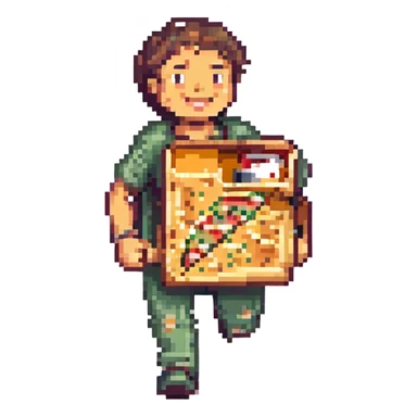 a man running with a pizza box in his hands, smiling, pixel art style sticker
