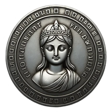 Emoji style, ancient coin made of blackened metal, “FORTUNA” engraved in refined fashion typography, heavy form, subtle worn metal texture, avant-garde editorial aesthetic, no glow, no neon, flat emoji design, centered, transparent background sticker