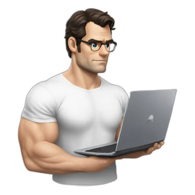 front view of henry cavill clark kent wearing white t-shirt using a laptop sticker
