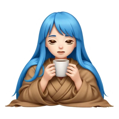 apple style emoji girl with long blue hair and bangs holding a cup of coffee wrapped up in a cozy brown blanket with her eyes closed  sticker