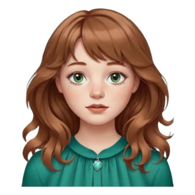 Woman with light cool brown wavy hair and curtain bangs, freckled fair skin, blue-green eyes, rosy lips, septum ring, soft natural makeup, delicate silver jewelry, relaxed expression sticker