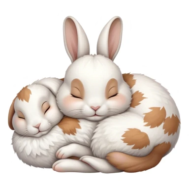 Meme-Worthy Cute Sleeping White and Brown Rabbit Portrait Emoji, Head resting peacefully with a contented smile, showcasing a delightfully balanced build and a luxuriously soft patterned fur of white and brown, eyes shut in a serene nap, Simplified yet hilariously adorable features, highly detailed, glowing with a soft, drowsy light, high shine, relaxed and utterly lovable, stylized with an air of playful laziness, bright and heartwarming, soft glowing outline, capturing the essence of a comically sleepy bunny, so meme-worthy it feels like it could instantly become the next viral sensation of adorable slumber! sticker
