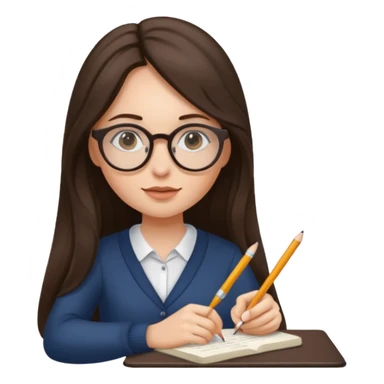 brunette woman with long hair and round glasses, writing sticker