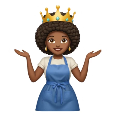 Mujer curvy afro, con piernas gordas y vestimenta cómoda, usando delantal,con una corona sobre su cabeza y sonrisa contagiosa.  sticker