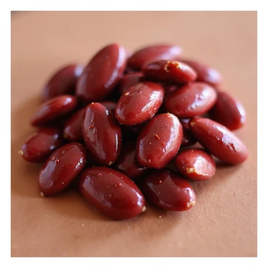 realistic candied almonds with a glossy dark red candy coating, arranged in a small pile, no background sticker