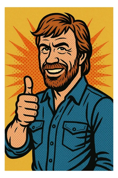 caricature style Chuck Norris with a thumbs up, strong jawline, over-the-top heroic pose, vibrant and energetic sticker
