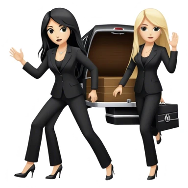 Two woman in black pants suits. They have long hair. One has black hair and one is blond. They are punching a stretcher with a coffin on into a black Mercedes Vito  sticker