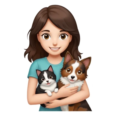 smiling girl with black and White cat and Brown and white Australian shepherd sticker