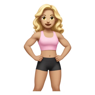White woman, pale skin, long hair, blonde hair, wavy hair, baby pink sports bra, baby pink leggings, flexing right arm sticker