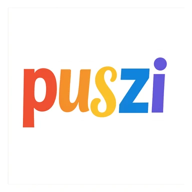 colorful modern text image with the word 'puszi' in the center, varied colorful fonts, no emoji or face sticker