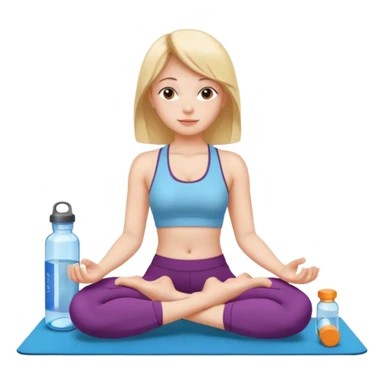 Девушка сидит на коврике для йоги и рядом стоит вода, таблетки, гантели  sticker
