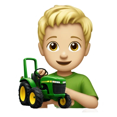 3 year old blonde boy playing with a John Deere sticker