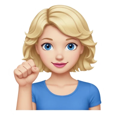 Girl Blonde short wavy hair,  blue eyes, cute blue top, long lashes, pink lips, smiling, 👊🏻 sticker