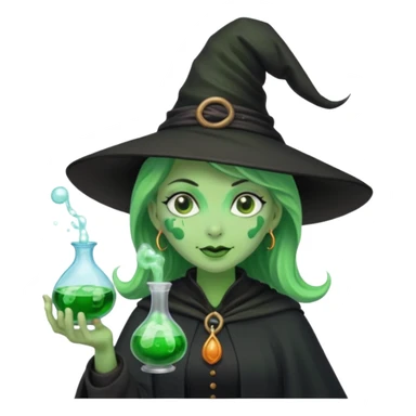 Witch with Green Skin – long-nosed witch in black hat holding potion sticker