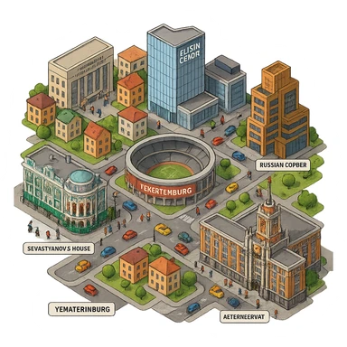 Изометричная миниатюрная фотореалистичная 3D модель Екатеринбурга - Дом Севастьянова, Ельцин-центр, Уральский федеральный университет, дома, Екатеринбург Арена, Штаб-квартира Русской медной компании, Здание Свердловского городского совета народных депутатов, четкие линии, яркие цвета, мультяшный реализм, люди, автотранспорт, компактная композиция, вид сверху в изометрии, прозрачный фон sticker