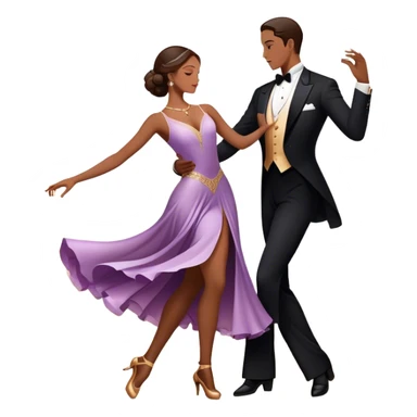 Icon for Ballroom Dancing: a couple in an elegant dance pose, with flowing dresses and tuxedos, surrounded by dance floor lights. The icon should convey the grace and elegance of ballroom dance, with focus on movement and precision. Transparent background. sticker