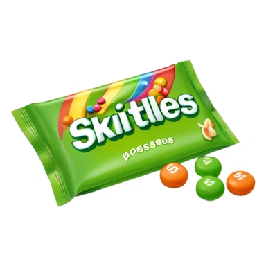 Extremely simple Skittles package design with only green candies, minimalist style sticker