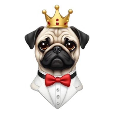 A dog (pug) with a crown in a white suit and a red bow and black braces sticker