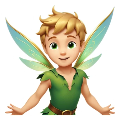 cinematic-realistic-peter-pan-portrait, head tilted dramatically with an exaggeratedly amused expression and sparkling eyes brimming with playful mischief, his iconic outfit rendered in vivid detail with dynamic shadows, soaring through the air accompanied by a glowing Tinker Bell, whose delicate wings leave a trail of shimmering pixie dust across a whimsical sky. sticker