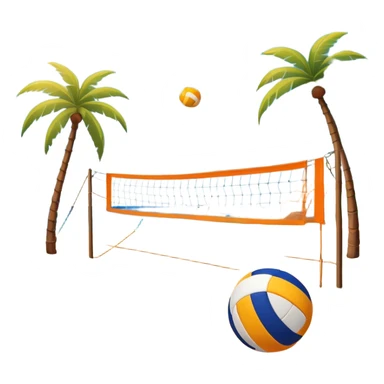 A volleyball resting on the orange sand ground of a beach, with a volleyball net in the background. The scene captures a sunny beach atmosphere with clear blue sea and sky, palm trees swaying, and people in swimsuits enjoying the vibrant surroundings sticker