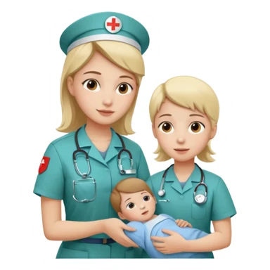 A young medic (woman) attending to a child patient at the local hospital sticker