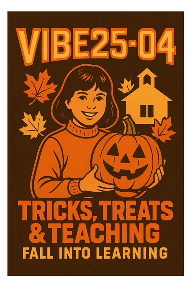 Create a logo that encompasses a retro 80's feel, nostalgic, ALSO RETRO.  Add the words "VIBE25-04: Tricks, Treats & Teaching: Fall Into Learning" sticker