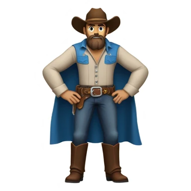 a rugged cowboy with a thick beard, wearing a blue vest over a classic western shirt and a brown belt with a silver buckle. He should have a confident stance, showing full torso sticker
