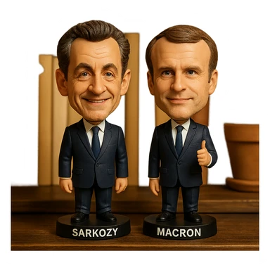 bobblehead style figures of Nicolas Sarkozy and Emmanuel Macron standing side by side sticker