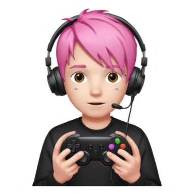 pink haired boy with headphones holding all black game controller sticker