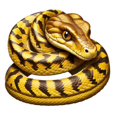 cinematic-python-realistic-full-body-coiled-emoji,-thick-scaled-body-looped-tightly,-intricate-brown-and-gold-patterned-scales-reflecting-light,-head-tilted-dramatically,-slitted-eyes-staring-calmly,-simplified-yet-realistic-focused-feature sticker