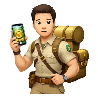 Icon for Adventure Movie: A vintage movie poster-style design featuring Mark Wahlberg in a jungle with a treasure map, wearing explorer gear. Include ancient ruins, treasure piles, and jungle foliage in the background. Exciting and adventurous cinematic feel. Transparent background. sticker