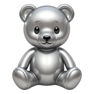 A cute teddy bear emoji made of liquid silver chrome, smooth rounded body, glossy metallic surface, soft reflections, friendly proportions, iOS emoji style, centered, clean white background sticker