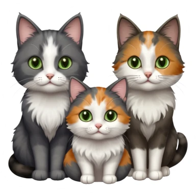 3 different coloured small cats including a dark grey and white, and a patchy calicowith hazel eyes  and a completely solid dark grey with green eyes and only white paws sticker