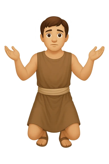 Remake this emoji in apple emoji style with brown hair and no silver handbands, fullbody apostle kneeling pose, variation 2. Keep the apple emoji style look and feel. sticker