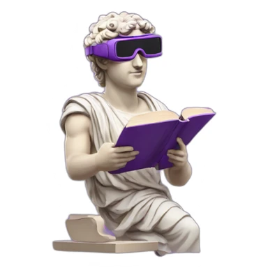 an EMOJI OF A ancient young greek statue reading a book, wearing VR glasses, purple colors, DIGITAL UNIVERSE sticker
