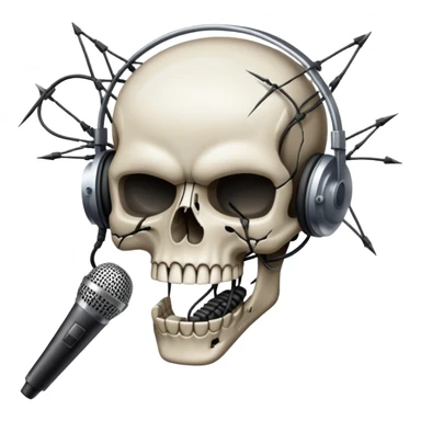 A transparent PNG emoji of a broken microphone with a skull cracked into the side and wires sparking. Looks like someone rage-quit VC. Gritty and dark. sticker