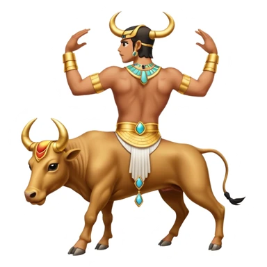 fullbody Egyptian human bull leaper, back view, in 'are you entertained' pose, with gold jewelry sticker