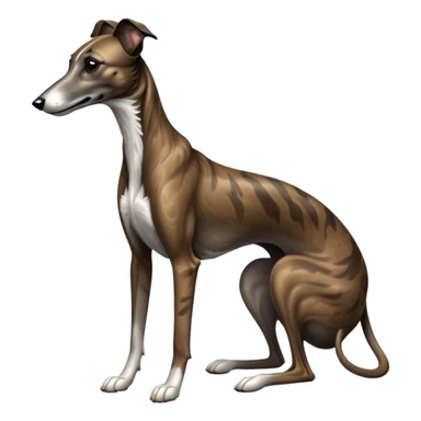 cinematic-[brindle greyhound]-realistic-full-body-sitting-emoji,-tail-resting-loosely-beside-its-paws,-head-tilted-dramatically, -sleek-[dark brindle]-fur,-simplified-yet-realistic-focused-features,-highly-detailed,-glowing-with-an-almost-sarcastic-glow sticker
