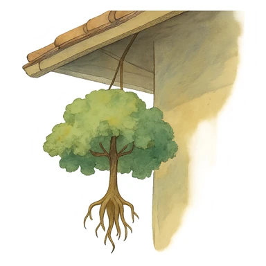 ghibli style illustration of a tree hanging from a roof, soft colors, whimsical sticker