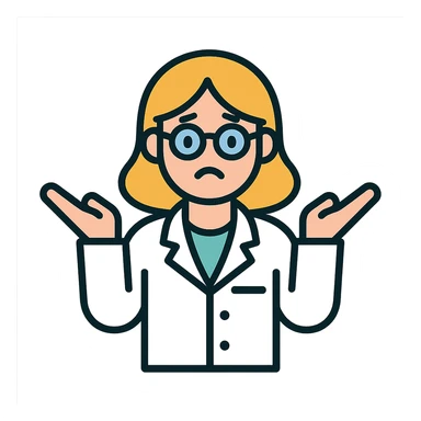 scientist woman shrugging, clear lab coat, expressive face, simple background, modern icon style sticker