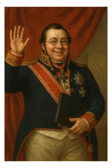 Павел Николаевич Демидов идёт с закрытым ноутбуком в руках улыбается и машет рукой вперед, рисованный стиль sticker