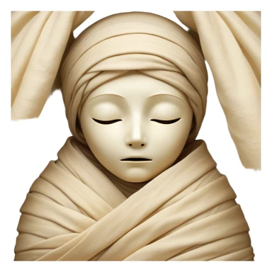 A snug, cozily wrapped mummy, fully encased in soft, slightly loose bandages, even its face gently hidden behind folds with only a tiny glimpse of sleepy eyes, nestled in warm, faded tones with gentle golden accents, simplified yet irresistibly charming, highly detailed with a soft glowing outline capturing the peaceful aura of an ancient being drifting into rest! sticker