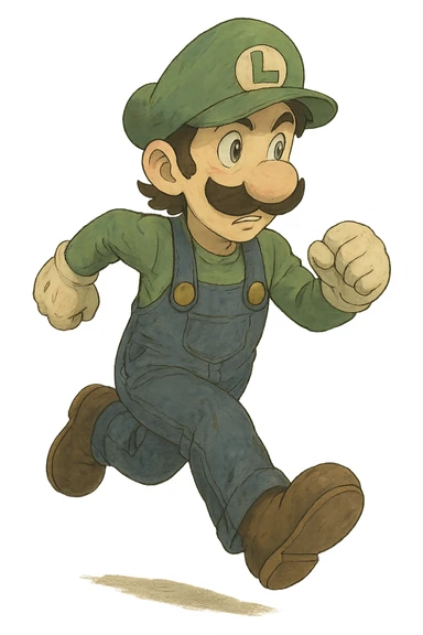 full body Luigi from Mario, classic green hat and blue overalls, running pose, ghibli style sticker