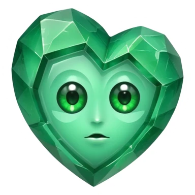very sharp green gem mineral , multiple irregular chunks, very shiny with two eyes and heart shaped sticker
