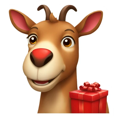 happy smiling brown chamois holding red gift sticker